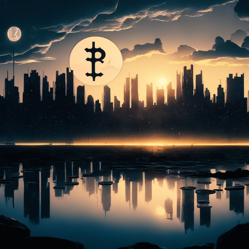 Cryptocurrency downtrend with XRP's decline, central bank digital currencies report by Ripple, potential long-term growth, uncertain outcome of SEC case, comparison to AiDoge platform. Scene: Gloomy cityscape at dusk, abstract art style, delicate interplay of light and shadows, melancholic mood, hint of hope on the horizon.