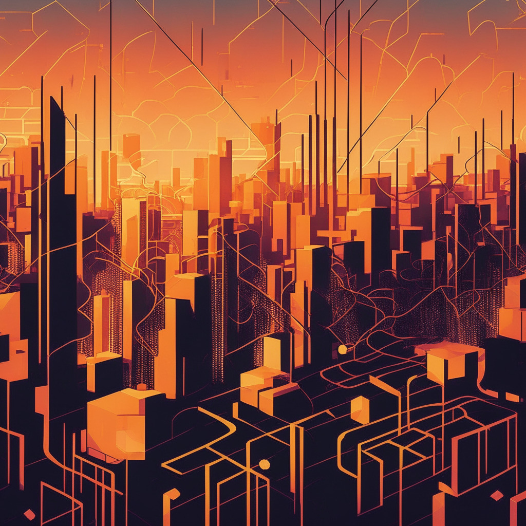 Intricate blockchain illustration, futuristic cityscape background, warm-colored twilight setting, hazy atmosphere, contrasting central XRPL node with glowing lines connected to offshoot servers, some nodes fading out into darkness, touch of Cubism art style, sense of movement and evolution, tense yet hopeful mood.