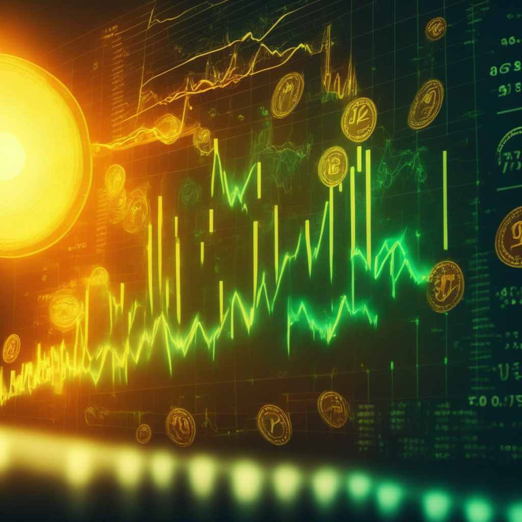 Cryptocurrency market surge, XRP coin rising in value, consecutive green candles, dynamic breakout at $0.485, potential future growth to $0.58, possible consolidation above $0.485, Bollinger Bands and MACD chart elements, optimistic mood, market recovery atmosphere, morning sunlight casting a warm glow.
