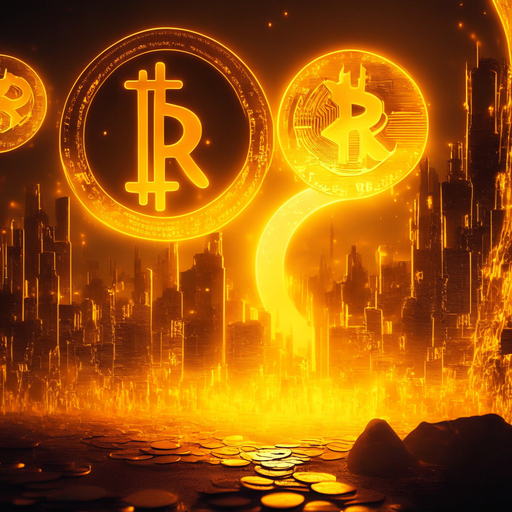 Glowing crypto coins, XRP breaking key resistance level, warm golden light, euphoric atmosphere, ascending price chart, futuristic city background, shadows of SEC lawsuit, hint of uncertainty.