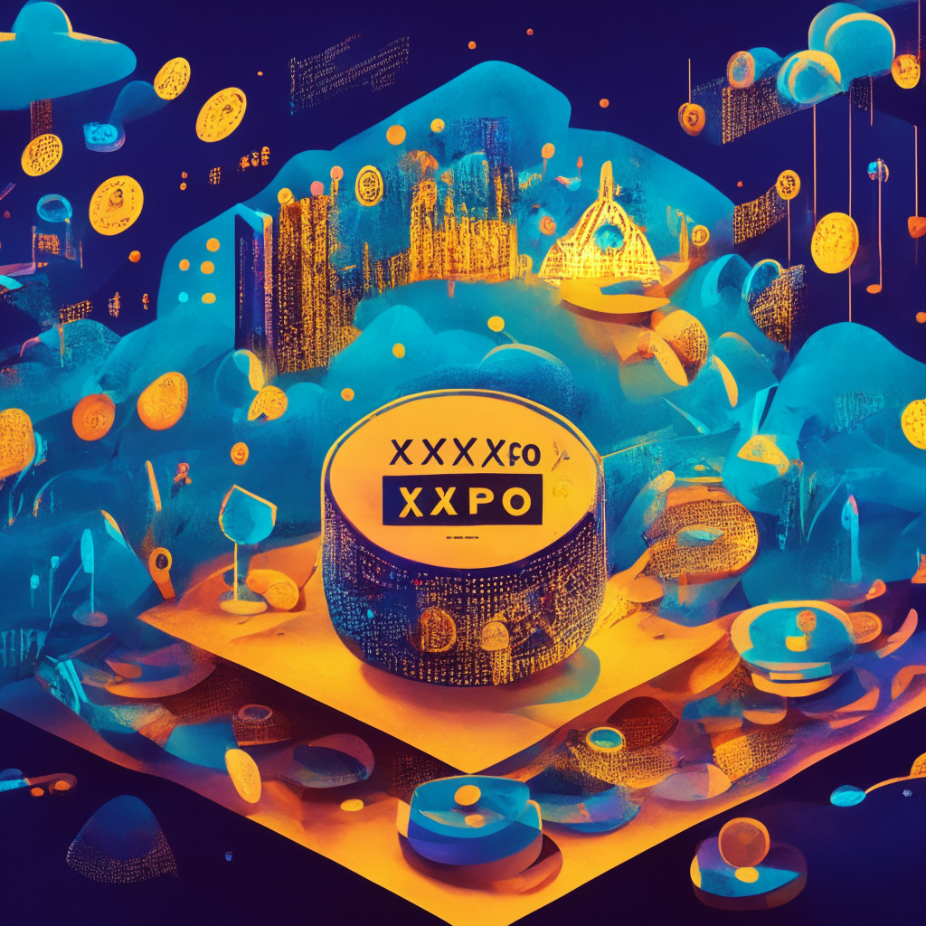 Crypto banking scene with Xapo Bank, intricate blockchain pattern, balance scale representing risk vs reward, vibrant colors symbolizing stablecoins, serene evening light, duality of risk and opportunity with hint of caution, dynamic mood representing fast-paced digital environment.