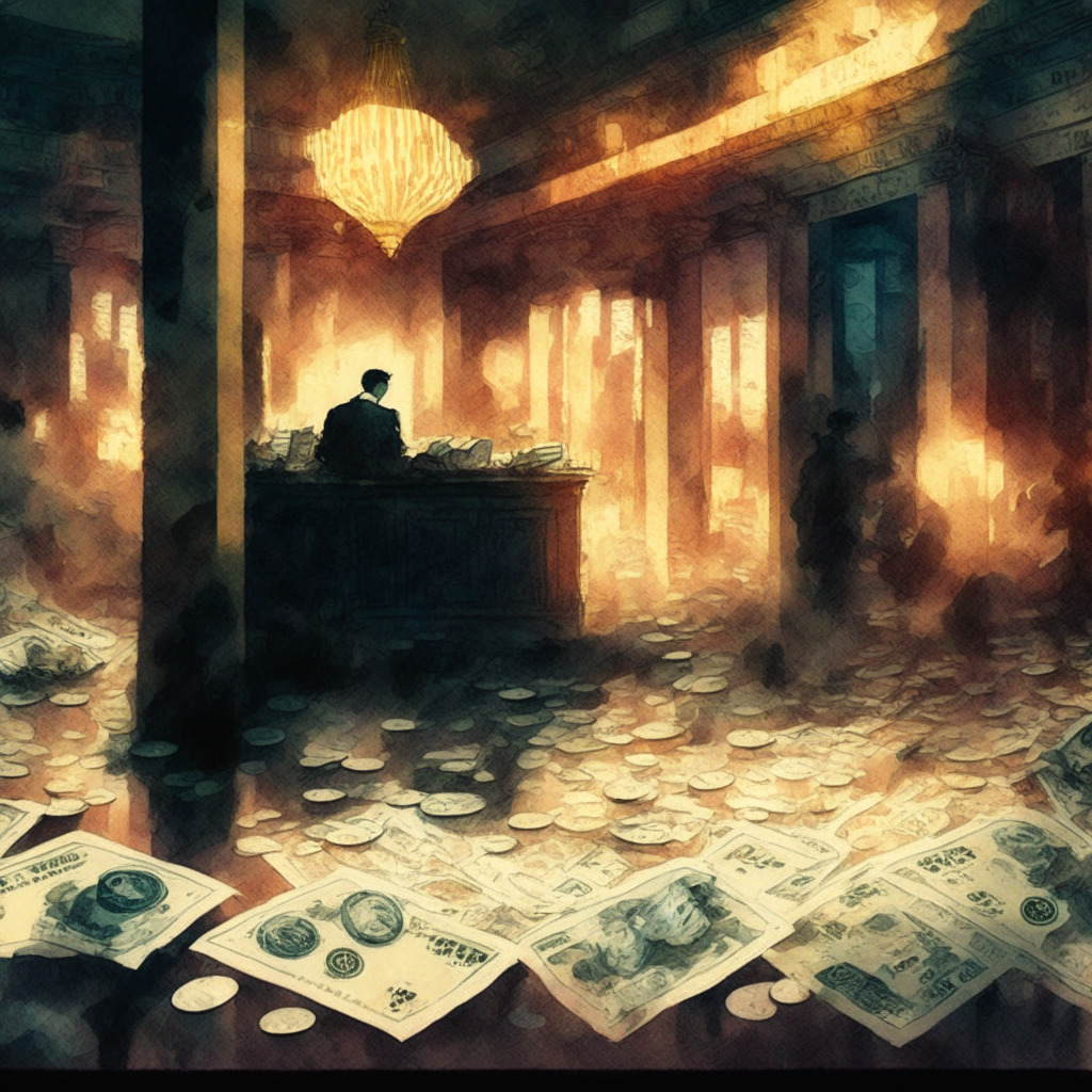 Intricate watercolor scene, dimly lit trading floor, yuan and dollar bills floating, Bitcoin and gold coins glowing, subtle contrast of yuan depreciation and US dollar strength, hint of Chinese and American flags, somber mood, hints of financial tension and risk aversion. (350 characters)