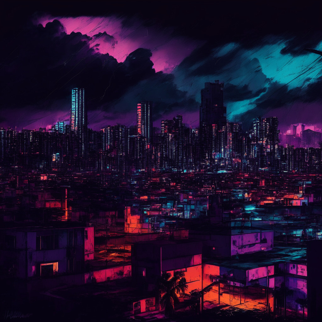 Argentinian dollarization proposal, El Salvador's Bitcoin City plans, Venezuelan crypto watchdog layoffs, economic turmoil, Latin American cryptocurrency developments, moody evening skyline, bold artistic strokes, somber atmosphere, contrasting city lights, and a digital currency overlay.