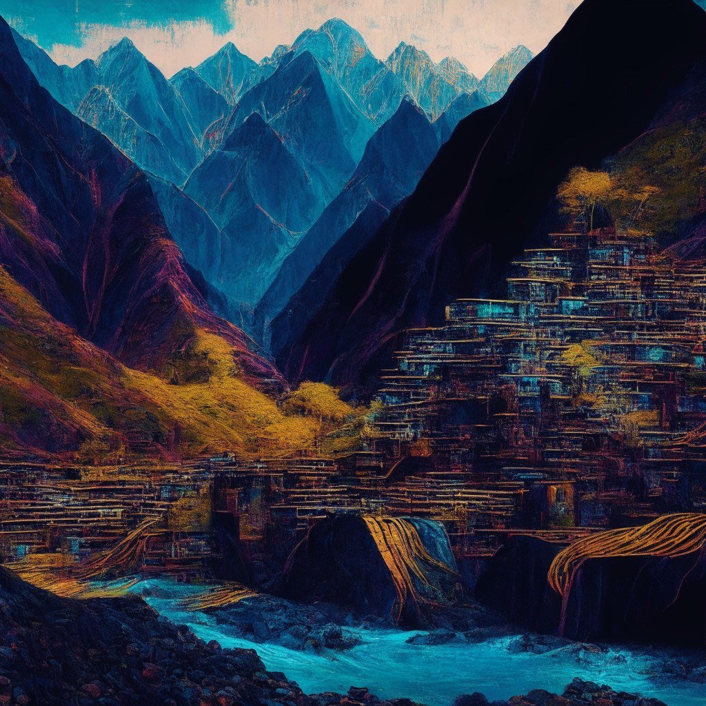 Intricate Himalayan landscape, Bhutan's hydroelectric facility, large-scale bitcoin mining array, soft glow of computer screens, mysterious yet powerful ambience, contrasting natural beauty with technological advancements, amalgamation of vivid colors, sense of secrecy and innovation, bold artistic strokes.