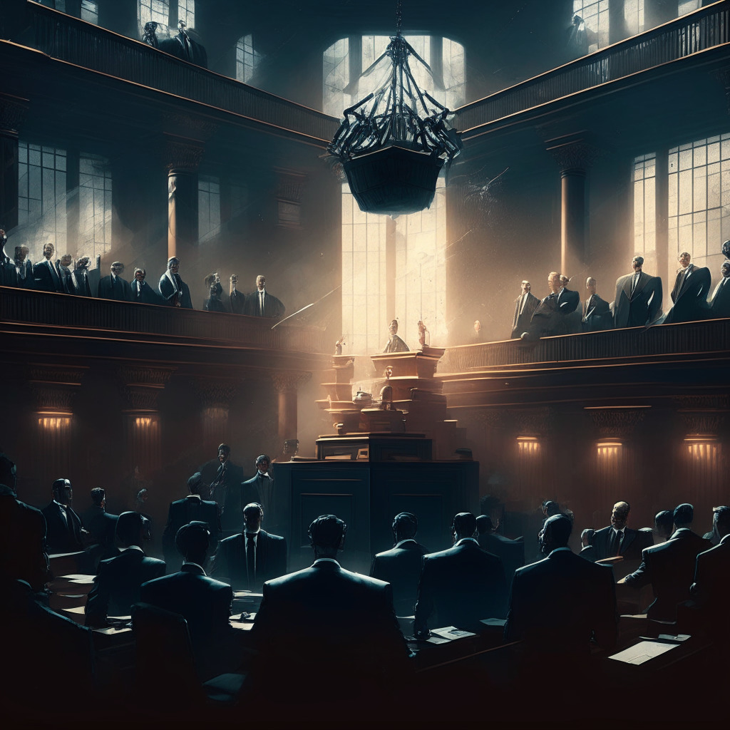 Intricate blockchain courtroom scene, open-source code floating in the air, tense atmosphere, contrasting warm and cool lighting, dynamic chiaroscuro, Baroque-inspired composition, developers in suits defending against legal intimidation, sense of unity and determination.