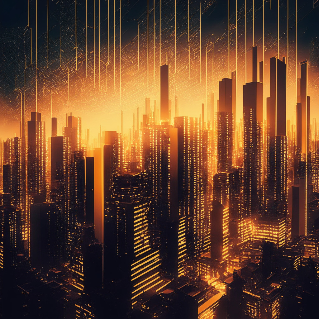 Intricate urban cityscape at dusk, futuristic financial hub, golden light casting shadows, Gemini crypto exchange and Digital Currency Group negotiation, profound tension in the air, stylized blockchain pattern overlay, concerned crypto investors, soft glow of mediation hope, countdown to resolution.