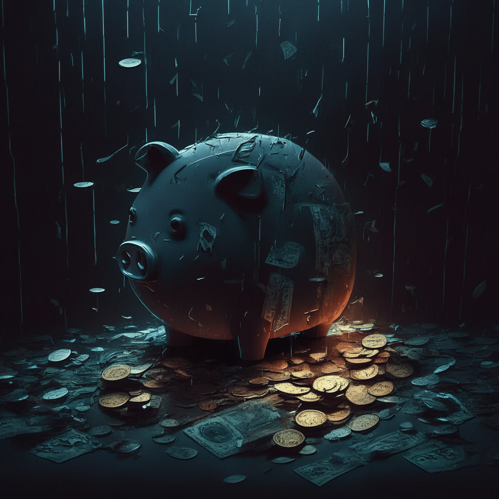 Dark stormy atmosphere, shattered piggy bank with cryptocurrencies spilling out, shadowy figures hacking, deceptive flash loans and exit scams, gloomy art style, soft light from a computer screen, tense and uncertain mood.