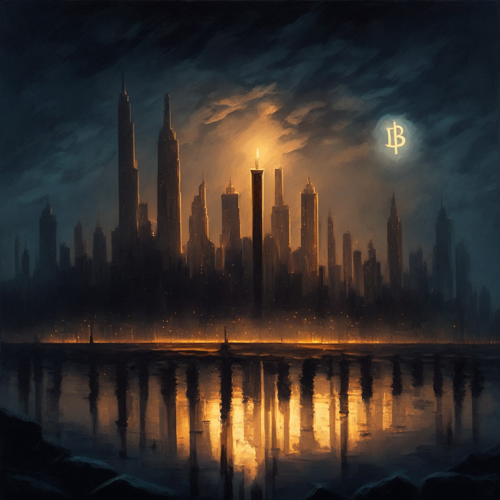 Mystical dusk-lit city skyline, towering banks in darkness, glowing Bitcoin logo in the sky, 4 candles illuminating upward, vintage oil painting style, balance of warm and cool tones, mood of fleeting triumph amid uncertainty, soft shadows depicting momentum's fragility.
