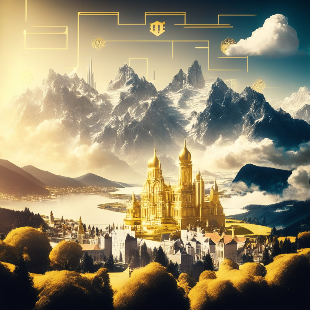 Majestic European landscape with Liechtenstein scenery, blockchain elements floating in the sky, financial service providers gathered around, a futuristic cityscape representing innovation, warm gold-tinted light, Baroque architectural style, harmonious mood, and a seamless blend of tradition and technology.