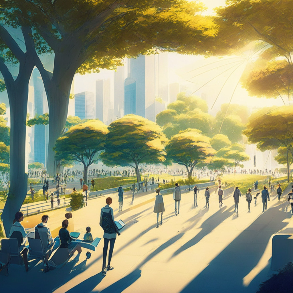 Sunlit urban park with concerned citizens, AI chatbots integrated into daily life, people holding banners for stricter AI regulations, Japanese government officials discussing AI plans, futuristic cityscape hinting at AI-driven society, an artistic blend of Japanese traditional art and modern style, mood: cautious optimism amidst apprehensions.