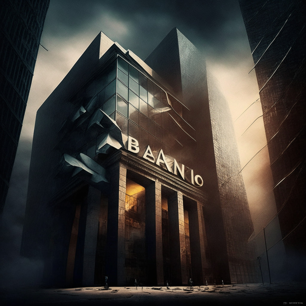 Banking giant acquires troubled bank's assets, striking architecture of financial institutions, subdued light setting, merging corporate logos with artistic flair, contrast between stability and turmoil, emotionally charged atmosphere reflecting hope and uncertainty.