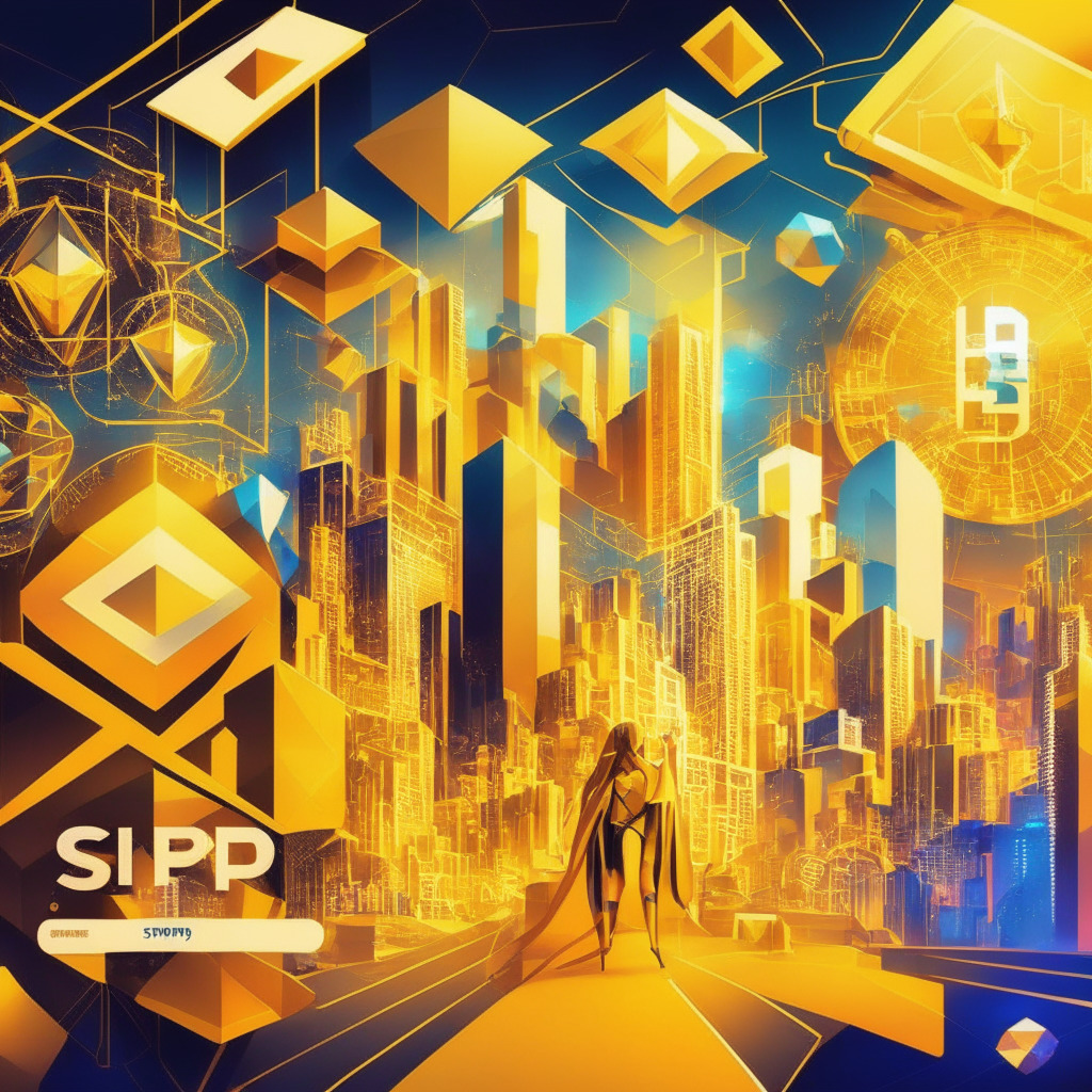 Crypto superapp scene, golden-hued web3 launchpad, geometric shapes, futuristic city backdrop, diverse user avatars trading & staking, light rays, dynamic lines reflecting 100x growth, celebratory mood, hints of NFT art, promotional activities & partnerships, mobile-first approach, vibrant colors.