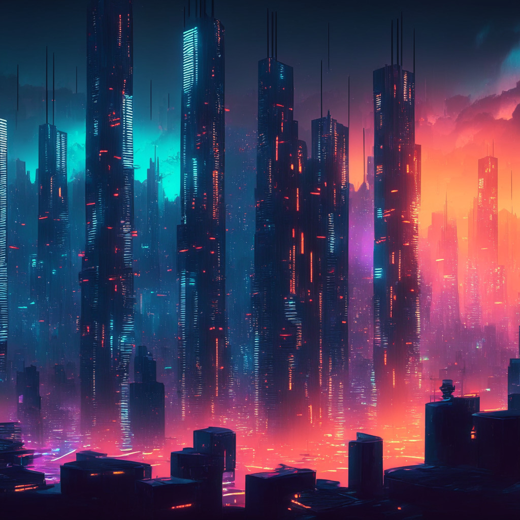 Dusk-lit, 2023 futuristic cityscape, bustling with activity, digital currencies interwoven, cyberpunk-art style, skyscrapers and billboards glowing, energetic atmosphere. Bitcoin ordinal inscriptions & NFTs integral, holographic displays showcasing transactions, intense HODLing conviction, mood: optimism amidst fluctuations.