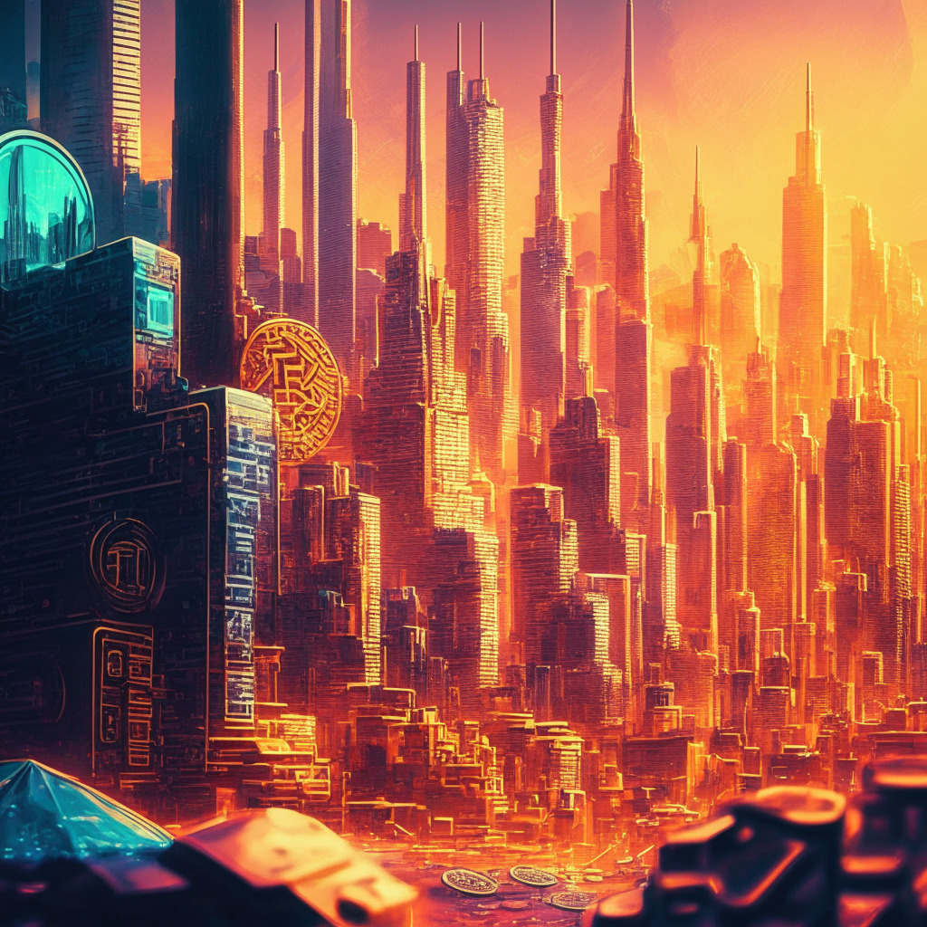 Intricate cityscape with futuristic crypto theme, contrasting warm light and shadow, vibrant colors, intense mood, depicting a taxing dilemma, focus on a $17K price tag on mining equipment, Bitcoin and Ethereum coins in the background among city's skyline, subtle hints of economic indicators.