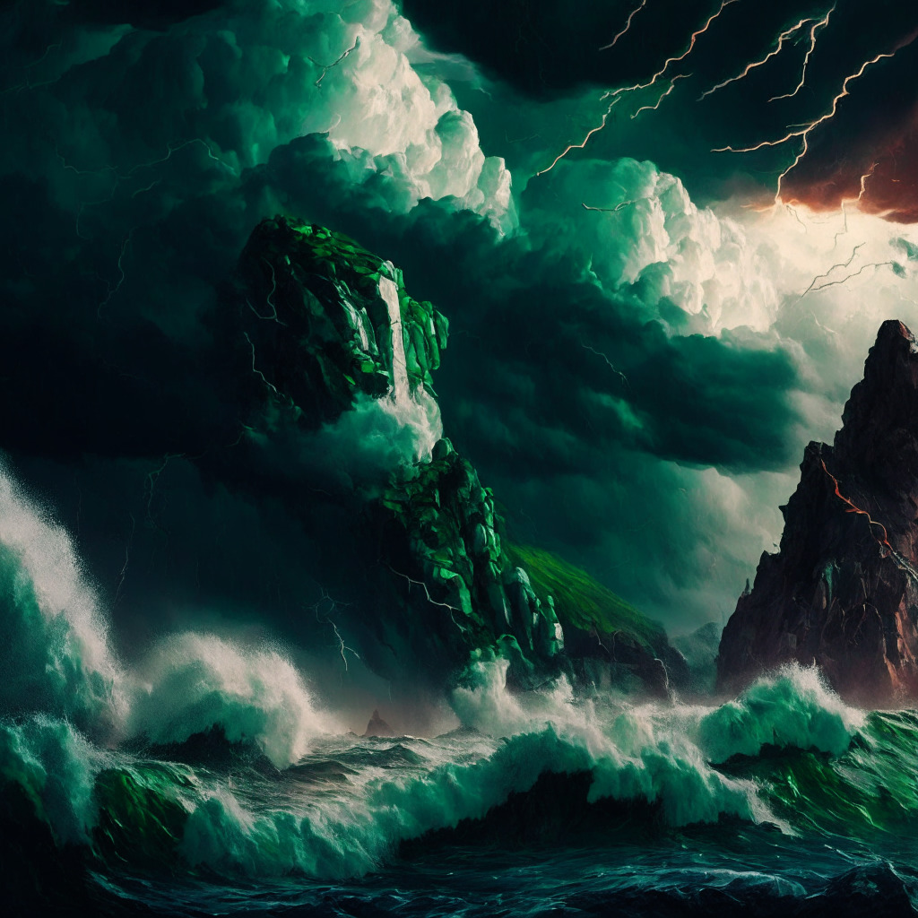A volatile crypto market scene, turbulent skies, BTC and altcoins in a storm, flashes of red and drops of green, Binance Coin rising above jagged cliffs, artistic chiaroscuro lighting, an ever-changing blustery cloudscape, mood of uncertainty and anticipation, resilience amidst chaos, undercurrent of risk and potential reward.
