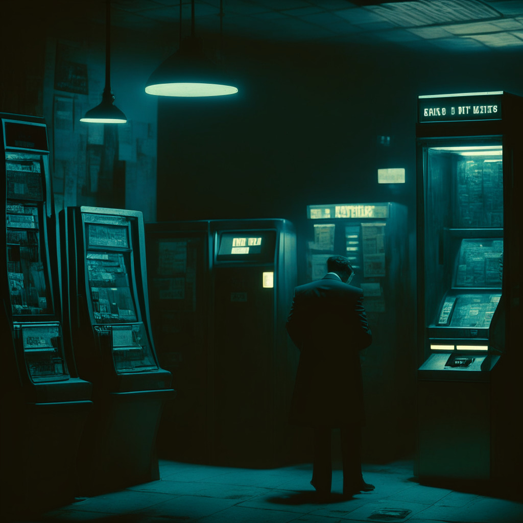 Mysterious crypto exchange scene, dimly lit, noir-style image, with vintage ATMs and kiosks, perplexed UP token holders, transactional chaos, cold colors, deception, a shadowy CEO figure, subtle hints of SEC regulation, fine documents scattered, tokens vanishing, dramatic chiaroscuro lighting, underlying sadness, a sense of lost hope, fading market cap.