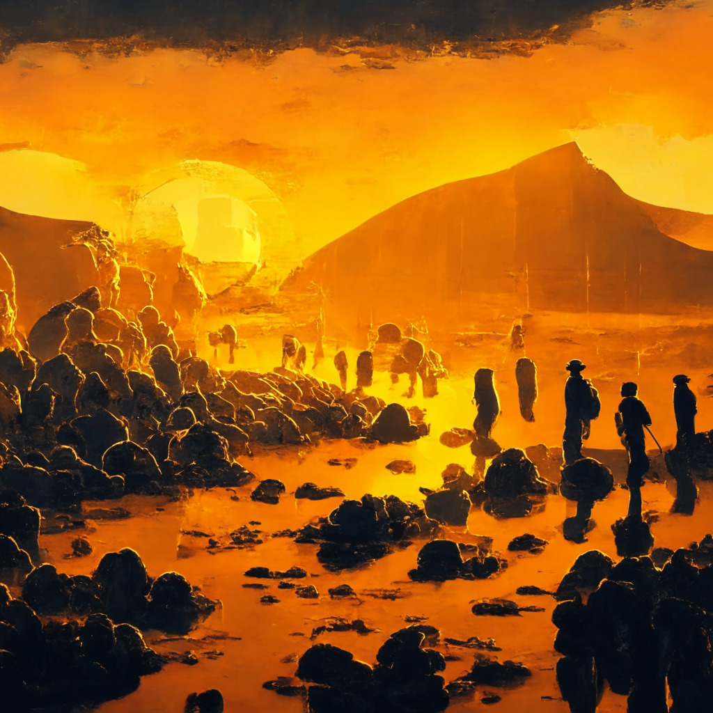 Surreal cryptocurrency mining landscape, golden hues, impressionist style, low-light sunset, reflective mood. Dynamic scene: Miners offloading shimmering 2,000 BTC, market struggle with mixed emotions, fluctuating graph in the background, $31,000 price quest, sunset symbolizing 2.2% decline.