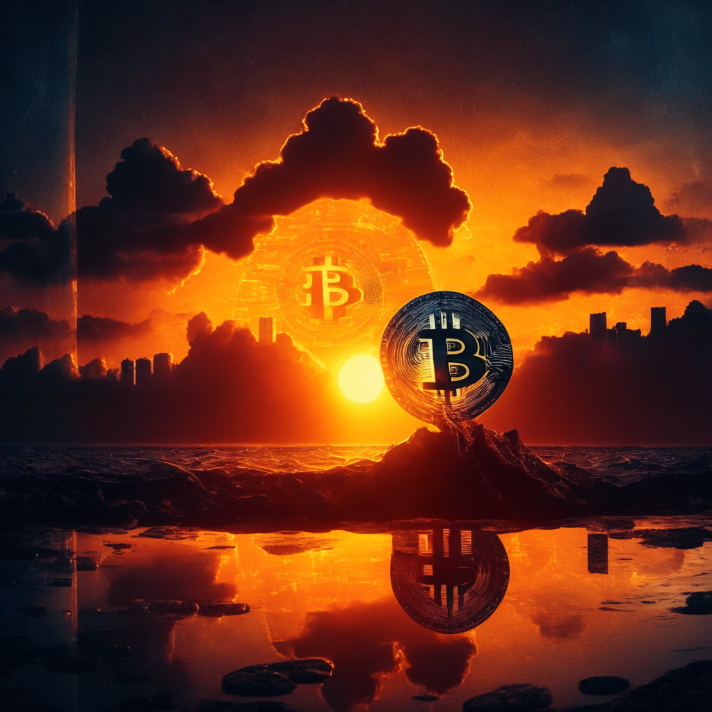 Dramatic sunset illuminating a crypto coin, diverse people conducting transactions, blockchain network visuals, dark web marketplace fading in the background, balanced scales contrasting criminal activities in fiat & crypto. Mood: clarity, dispelling myths, progressive technology.