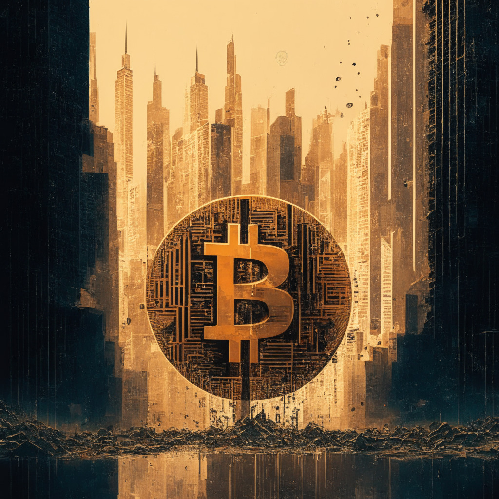 Intricate cityscape with Bitcoin symbol looming over, contrasting warm and cool tones, abstract style, dynamic lighting, a mix of downtrend & volatility, artistic representation of bank failure, and a hint of uncertain mood.