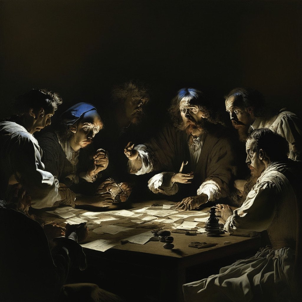 Intricate crypto negotiation scene, two opposing groups at table, dimly lit room, chiaroscuro lighting, intense expressions, tension evident, classic painting style, financial documents scattered, mediator overseeing process, atmosphere of urgency and compromise, echoes of Caravaggio's storytelling.