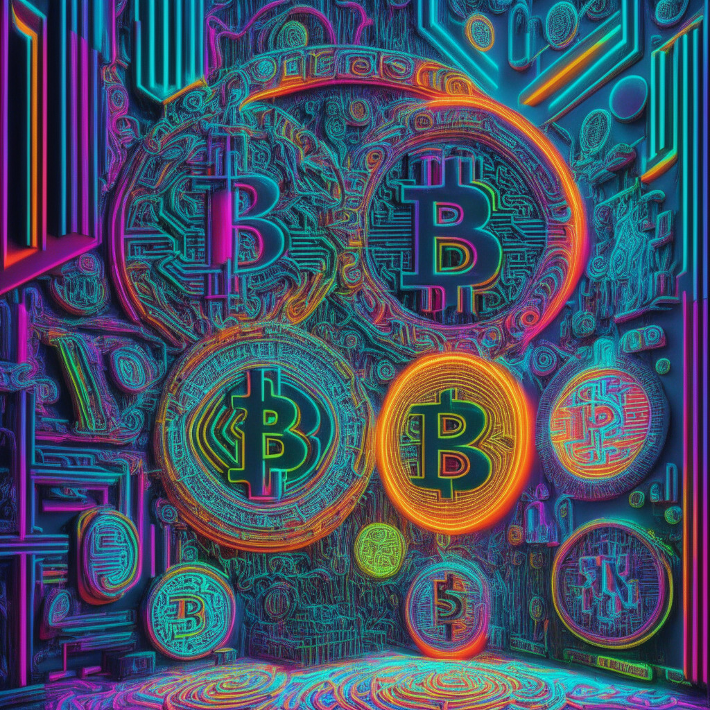 Surreal, futuristic art gallery, diverse digital artworks, colorful meme tokens, Bitcoin symbols, glowing neon lighting, avant-garde style, contrast of text-based creations, intricate blockchain patterns woven into artwork, dynamic blend of optimism and skepticism, creative energy radiating.
