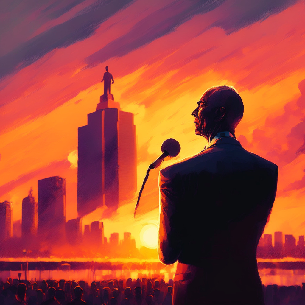 Presidential candidate against city backdrop, holding a speech on Crypto, intense expression, sunset lighting, warm colors, impressionistic style, thought-provoking mood, address on personal freedom, decentralized assets next to him, concerned citizens, dramatic sky implying controversial opinions, potential impact on society, symbolism of hope and challenge.