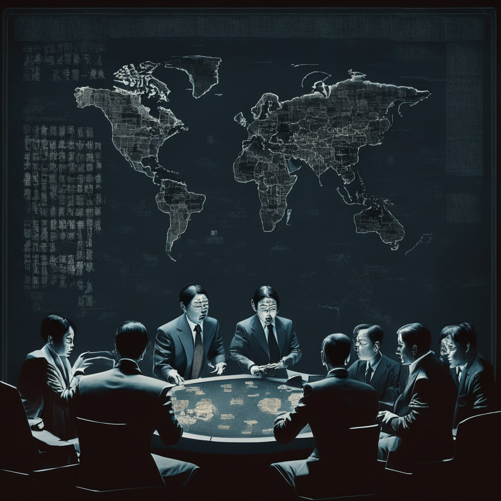Intricate political debate scene, chiaroscuro lighting, heightened realism, somber mood: Central bank digital currencies (CBDCs) on a scale with pros and cons, politicians from both sides arguing, blended with world map showing China's digital yuan influence, figures pondering implications and citizen concerns, hint of future-tech atmosphere.