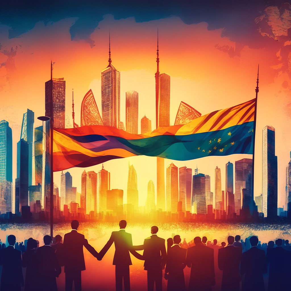 Intricate cityscape with 5 flags representing BRICS countries, diverse people shaking hands, glowing currencies floating above, smooth color-gradient sunset background, soft lighting, impressionist style, international cooperation & financial growth mood.
