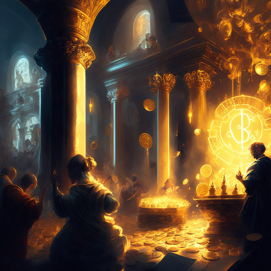 Intricate crypto market scene, chiaroscuro lighting, Baroque-style painting, elements of stability & volatility, Sparklo as a beacon of hope, subdued Casper & Flare, sense of opportunity, diverse tokens, precious metals corner, dynamic mood, unique features of Sparklo shining, uncertain market conditions.