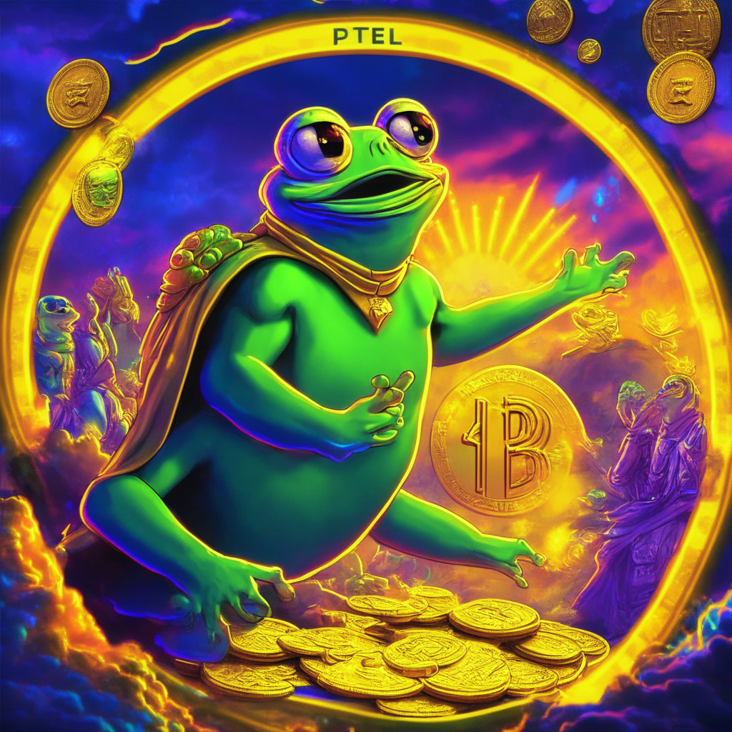 Futuristic crypto trading scene, Pepe the Frog as heroic mascot, 90% growth chart in vibrant colors, golden virtual coins, ethereal glow, celebratory mood, euphoria in the air, storm of social media icons, soft, hazy lighting, digital art nouveau style, top 100 coin achievement badge.