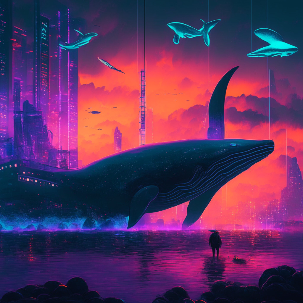 Crypto entrepreneur transfers $56.4M to exchange, Dusk setting, Hints of tension, Binance LaunchPool with glowing SUI tokens, Intertwined blockchain chains, Futuristic virtual city landscape, Art Deco style, Cool steel and neon hues, Suspenseful atmosphere, Whale alert in background.