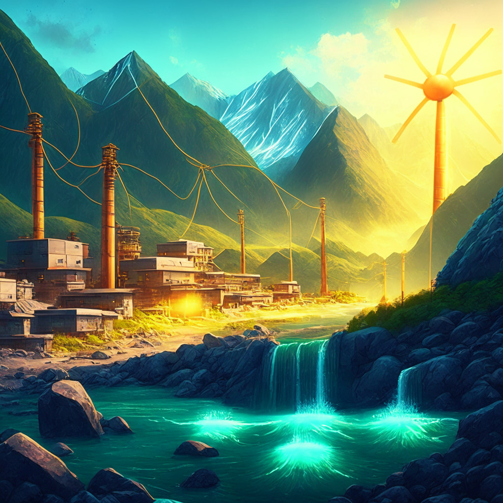 Himalayan Kingdom scene, Bitcoin mining operation, green energy, hydroelectric power, picturesque landscape, serene mood, warm glowing light, sustainable currency, balanced environment, clean industry, subtle mystery, vibrant colors, interconnected world.