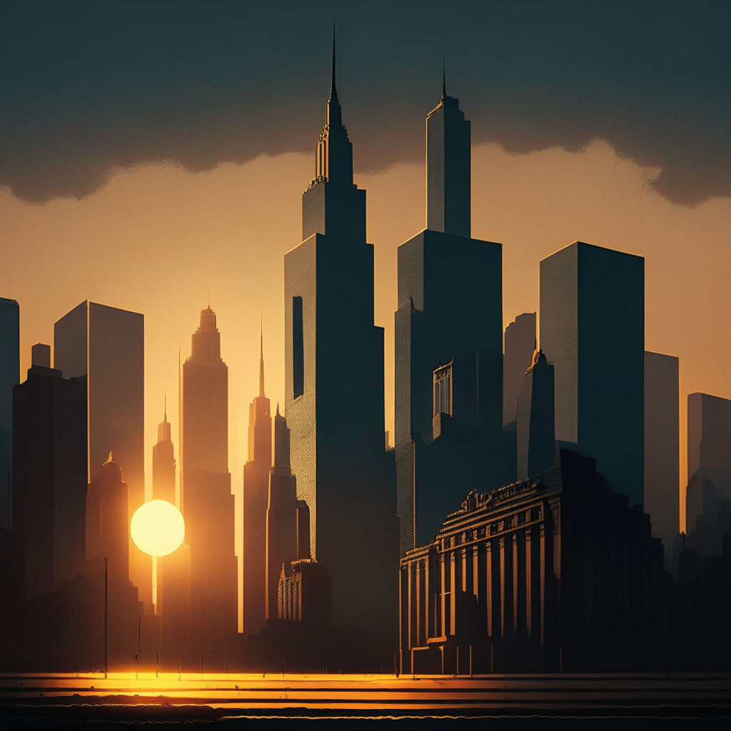 Majestic bank takeover scene, muted colors, somber atmosphere, sunset over financial district skyline, JP Morgan building rising above others, shadows engulfing smaller banks, subtle golden Bitcoin symbol glowing in the distance, uncertainty and anticipation in the air.