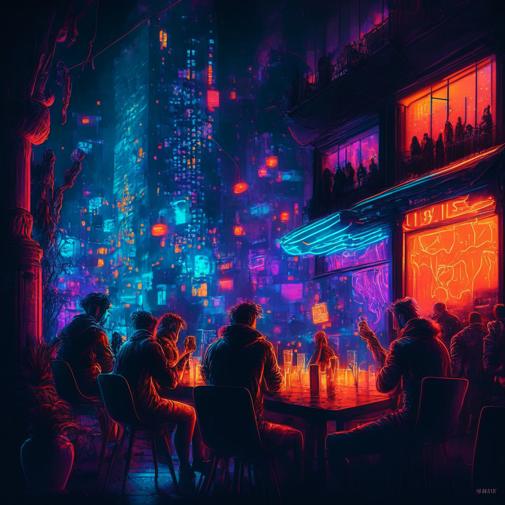 Intricate night cityscape with neon lights, friends discussing crypto investments, lively social setting, contrasting traditional and digital assets, inspiring curiosity, warm tones reflecting trust and camaraderie, touch of FOMO, blend of modern and classic art styles, informative atmosphere.