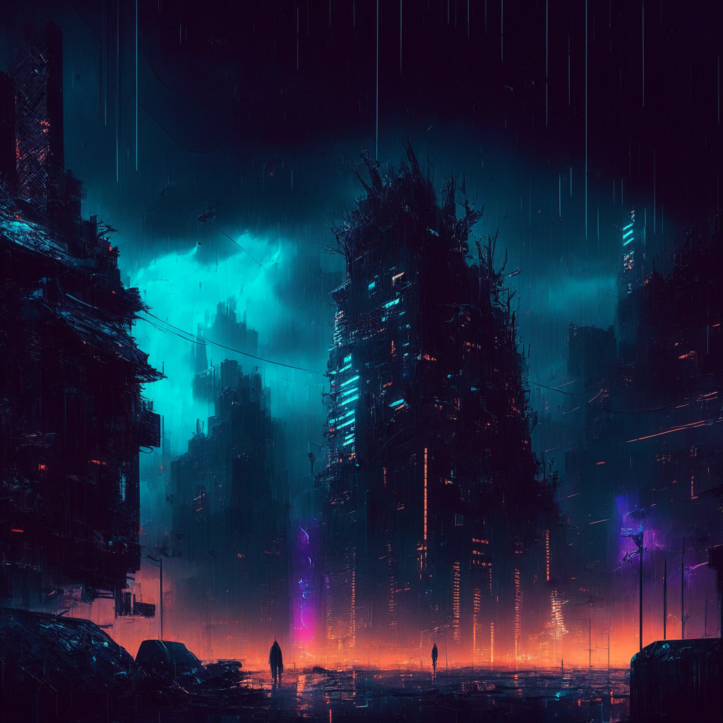 Intricate cyber cityscape, neon-lit, distressed digital assets scattered, shadows of hackers on prowl, somber atmosphere, moody sky with storm clouds, abstract artistic rendition of blockchain, calming presence of security protocols, chiaroscuro lighting, hint of hope from strengthened defenses.