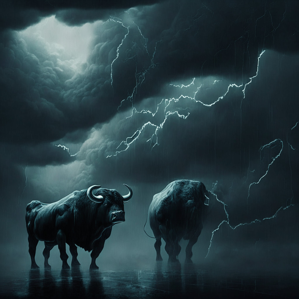 Cryptocurrency market downturn, dark clouds looming, U.S. economic events week, Federal Reserve rate hike expectation, fragile support lines, Bitcoin & Ethereum slipping, moody atmosphere, chiaroscuro lighting, subtle tension between bulls and bears, artistic rendering of digital assets.