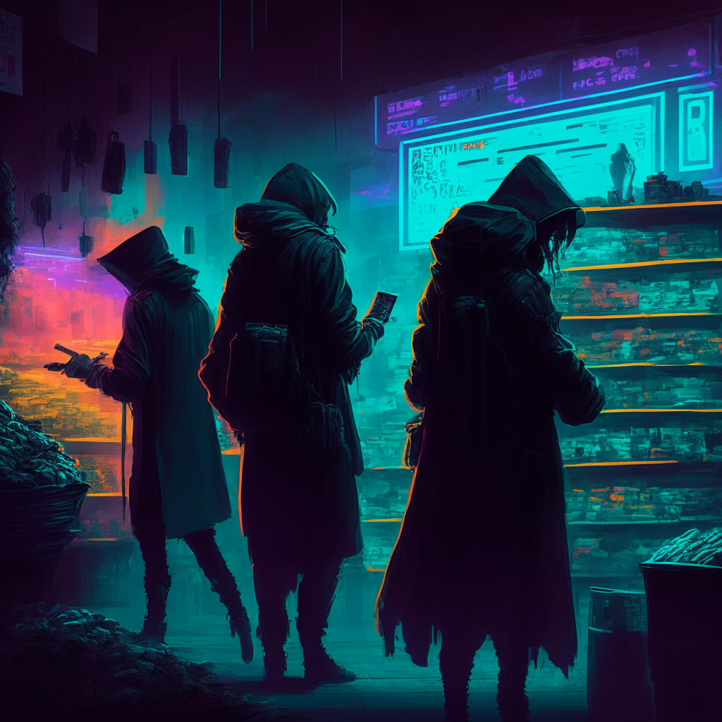 Mysterious figures stealing NFTs, dimly lit cyberpunk atmosphere, scattered digital collectibles, blurred marketplace background, contrast of vivid NFT colors with shadowy hackers, exaggerated price tags floating, dramatic chiaroscuro lighting, nefarious undertones, steep decline in theft-graph.