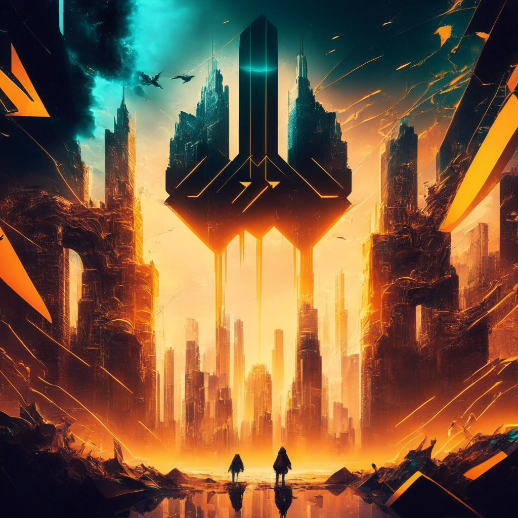 Intricate cityscape with futuristic elements, Binance and Tron logos, tension between two prominent figures, contrasting warm and cool colors, soft backlighting, dynamic composition, balance between chaos and serenity, a hint of blockchain transparency, vibrant, dramatic atmosphere.
