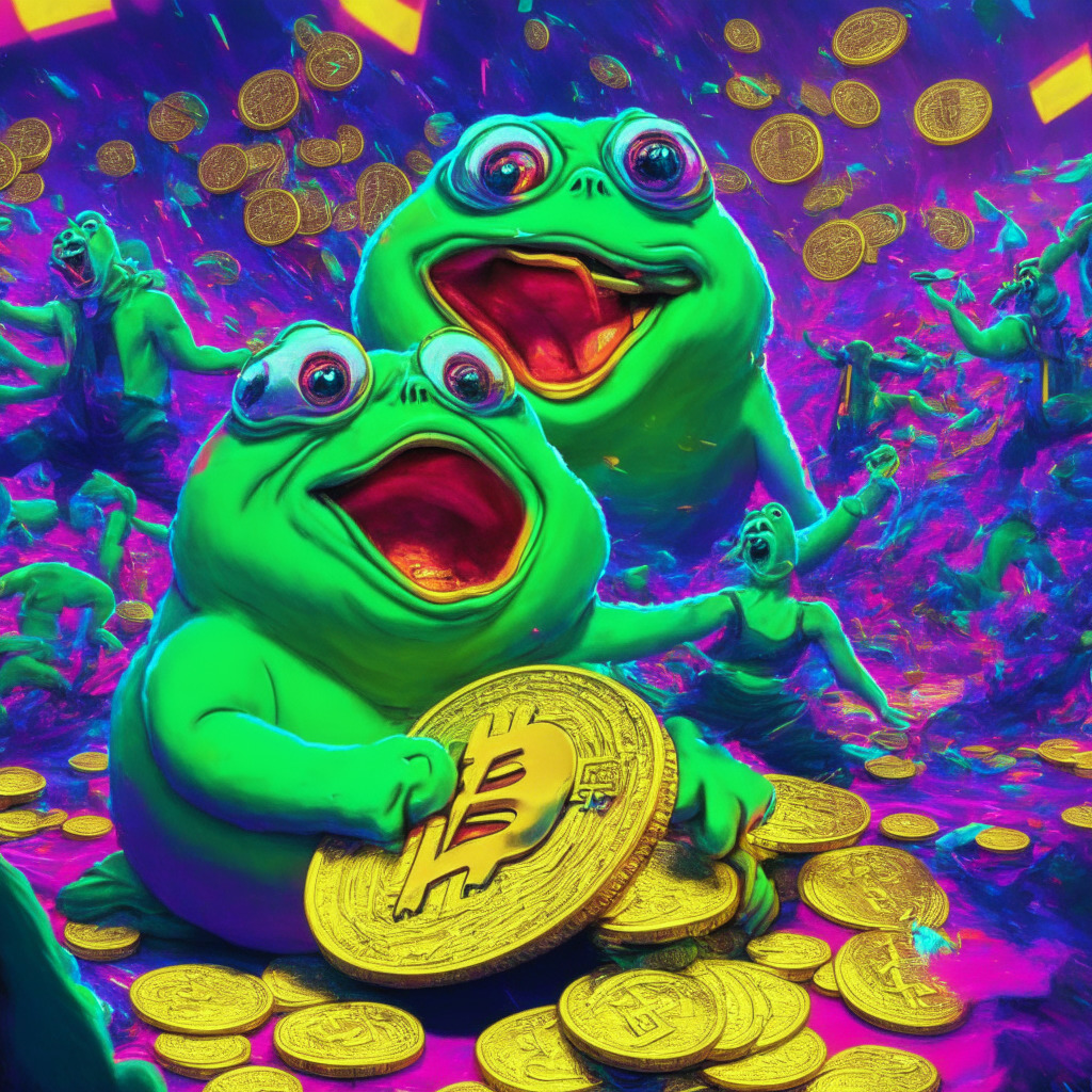 Cryptocurrency market craze, colorful PEPE memecoin, top 100 projects, market capitalization over $400 million, digital wallet overflowing with coins, overnight millionaires, vibrant artistic style, soft and dynamic lighting, playful mood, glowing success amidst inherent risks, digital art inspired by iconic memes, explosive viral potential.