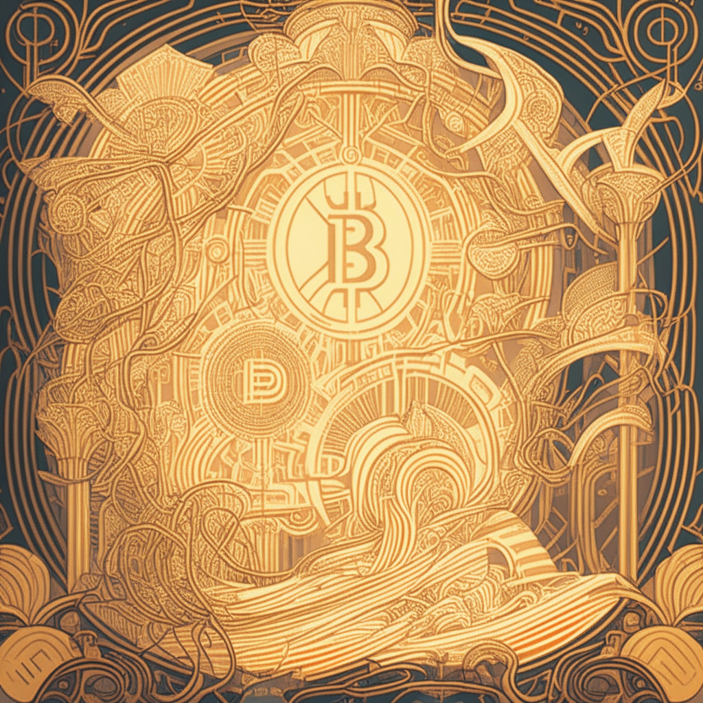 Art Nouveau style, intricate Bitcoin network illustration, warm golden light, dynamic flowing lines, lively mood, miners at work, vivid Ordinals & NFTs integrated, robust security, thriving development ecosystem, a mix of digital & traditional artistic strokes, Bitcoin's exciting future.