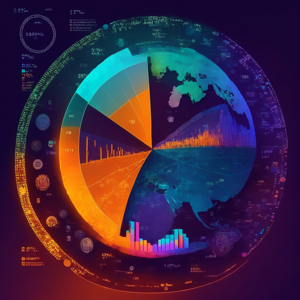 Cryptocurrency adoption across generations, colorful pie chart, various age groups investing digitally, soft twilight hues, warm and inviting ambiance, innovative financial growth, millennials embracing digital assets, globe symbolizing global economies, technological infrastructure.