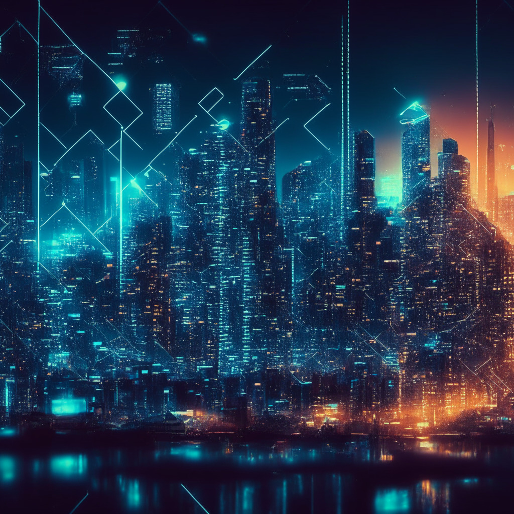 Futuristic cityscape embracing cryptocurrency, Temasek investing in algorithmic currency system, AI and smart contracts, glowing stable asset, dark illuminated skyline, seamless payment and remittance network, decentralized applications, cyberpunk ambiance, dynamic market-driven algorithm, protection against financial schemes, resilient comebacks, innovative financial technology.