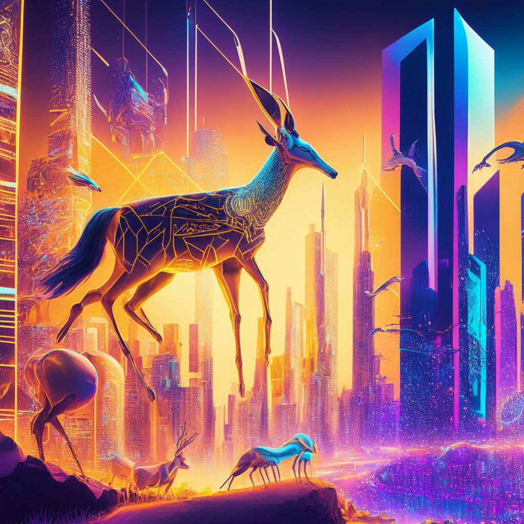 Surreal blockchain cityscape, vibrant neon colors, scalability solutions, EOS Foundation's Antelope Leap v4.0.0 soaring, Sparklo's shimmering gold, silver, platinum tokens, dawn breaking, optimism and innovation, investor excitement, revolutionary technology intertwining tradition and future.