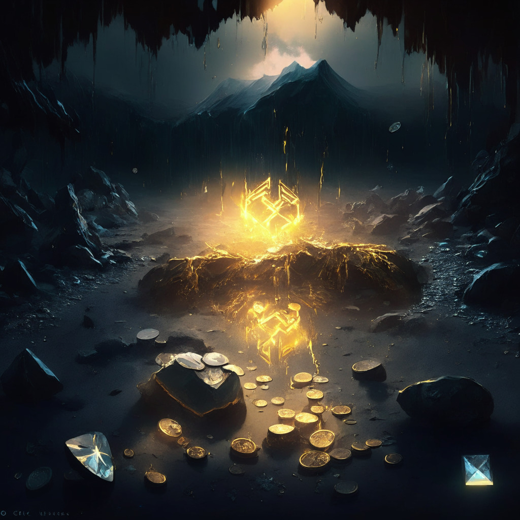 Dimly lit, contrasting recovery & downfall, RUNE token shattered, CVX token gleaming, resilient crypto landscape, gloomy-to-hopeful mood, a glowing Sparklo (SPRK) platform, precious metals shimmer, artful NFT representations, innovative investment aura.