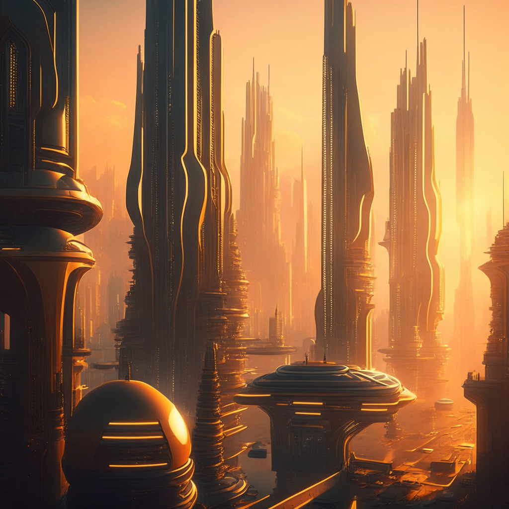 Intricate cityscape with futuristic tech elements, soft golden hour lighting, Art Deco-inspired architecture, floating debt securities, confident investors, hints of AI development, lively yet mysterious atmosphere, subtle metaverse presence.