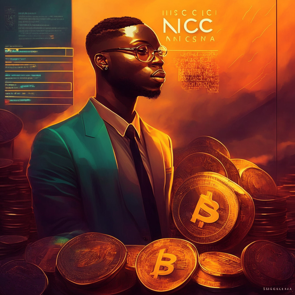 Nigerian SEC licenses digital exchanges, asset-backed tokens, evening light, warm tones, innovation in progress, crypto market regulation, collaboration with central bank, hopeful atmosphere, modern artistic style, financial technology growth.