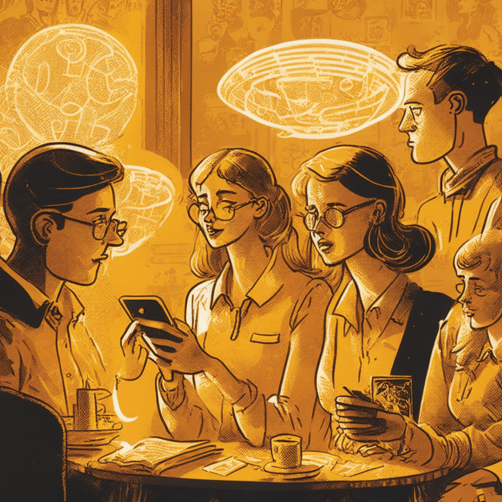 Vintage-style illustration, friends sharing crypto insights, warm yellowish lighting, lively atmosphere, intricate linework, blend of realism & impressionism, sense of FOMO, diverse characters, mood of excitement & curiosity, small amounts of crypto on screen, social media influence in the background, age & education contrast, question marks indicating knowledge gaps.