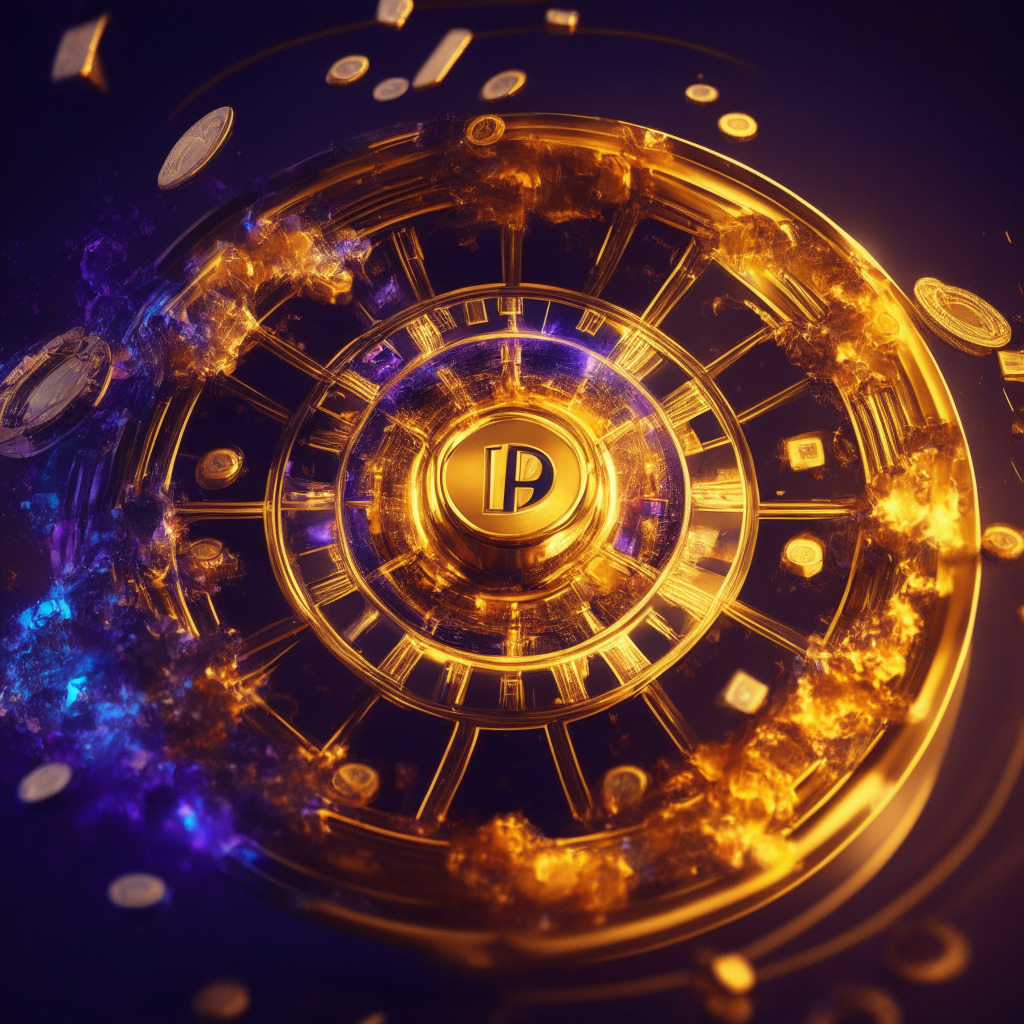 Ethereum layer 2 casino, futuristic roulette wheel on Arbitrum platform, lavish golden tokens, soft lighting, abstract probability smart contracts, dynamic minting & burning, subtle tension, contrasting victory & defeat, decentralized profits distributed in vivid colors, all against a sleek, mysterious background.