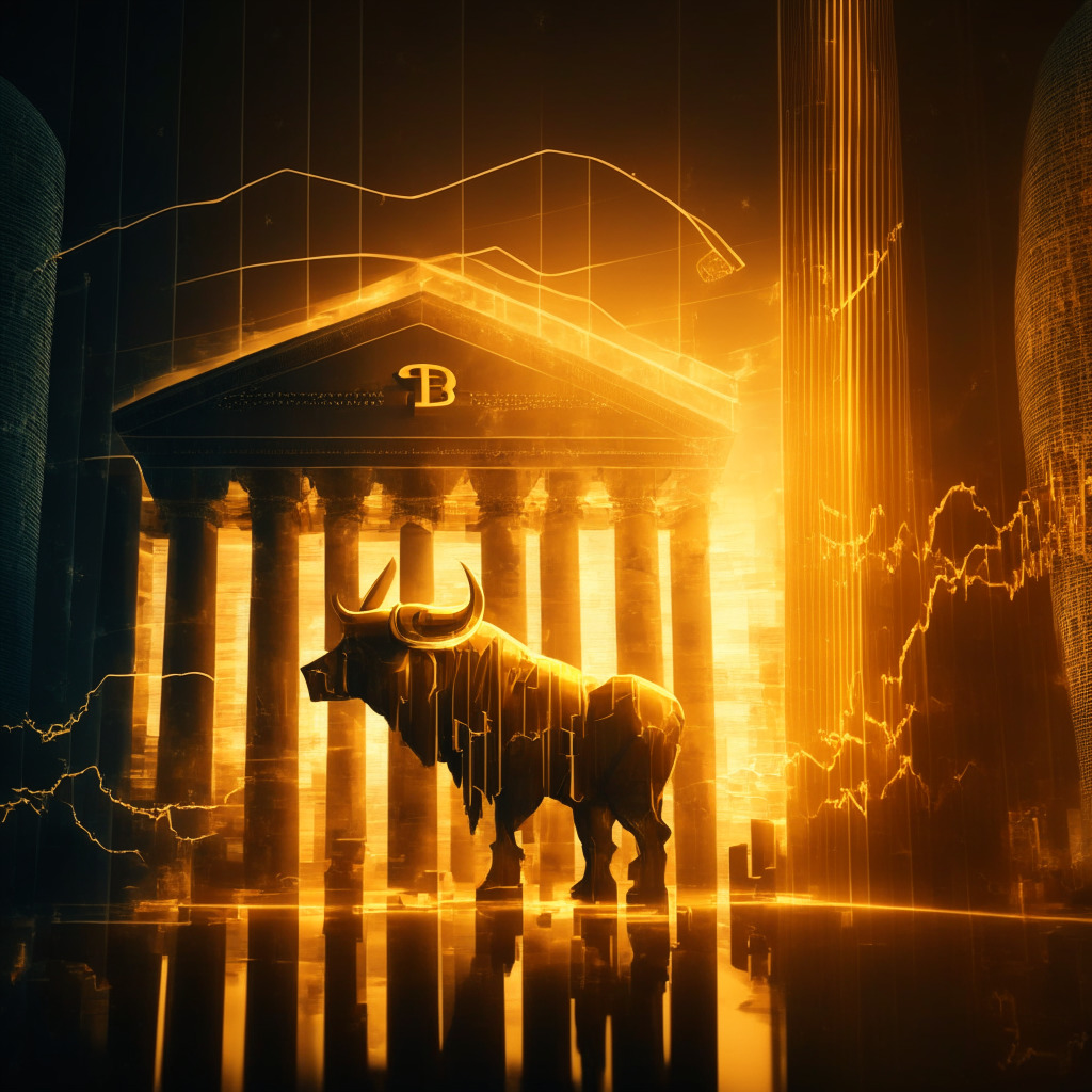 Intricate financial scene with a Bitcoin symbol cast in golden light, volatile futuristic stock market graph, dollar index declining, worried investors, artistic chiaroscuro representing contrasting bull and bear moods, Federal Reserve building looming over, smoky 2023 atmosphere, hints of a banking crisis.