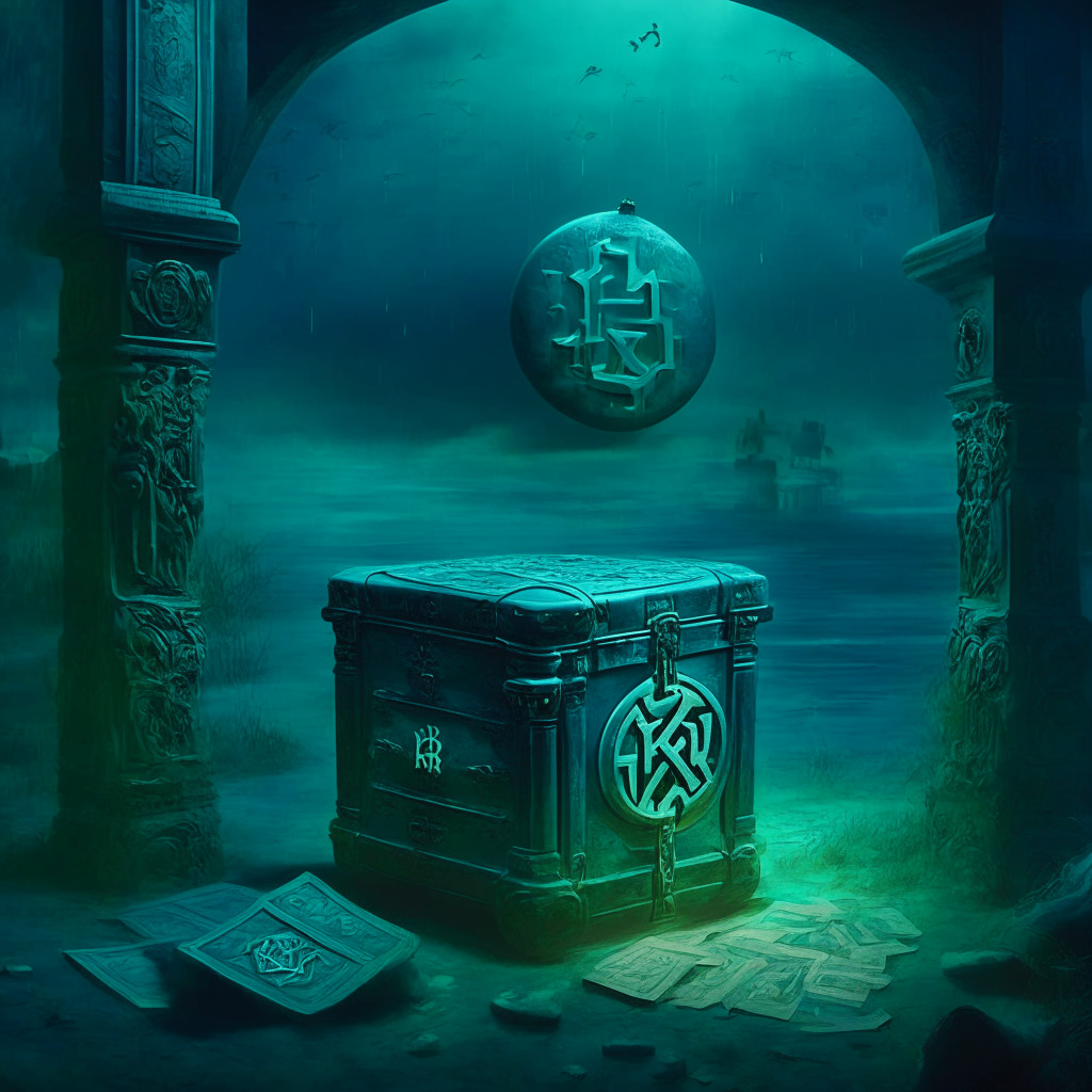 Enormous XRP release from an unknown wallet, dusk-lit scene, a mix of classical & modern art, contrast between stability & uncertainty, subtle shades of blue and green. Scene: unlocking an escrow treasure chest, concerned observers in background, a fusion of financial world & digital era.